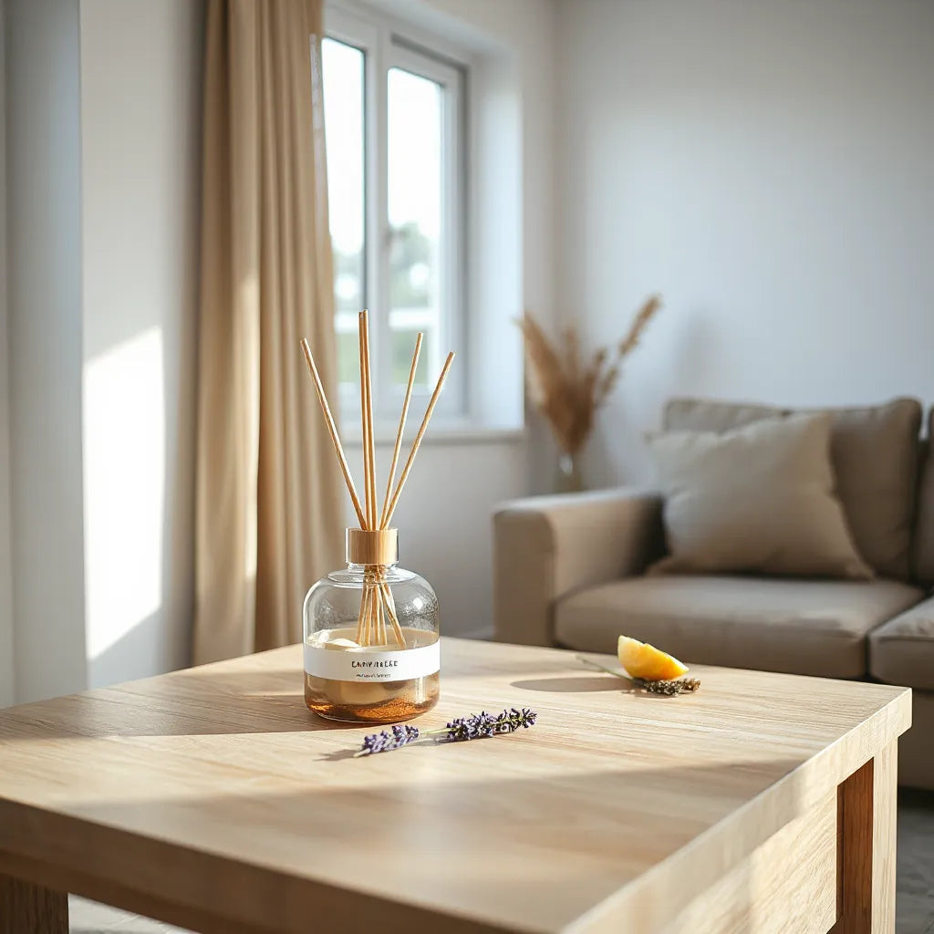 Difusor de fragancia en una mesa con luz natural y elementos aromáticos sutiles en el dormitorio