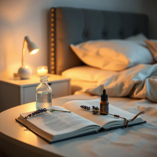 Spray de vidrio liberando una fina bruma sobre una mesita de noche con aroma relajante y ropa de cama neutra