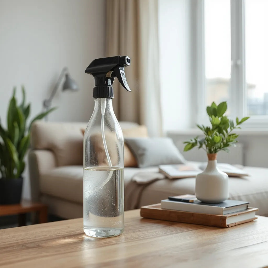 Spray de vidrio con niebla fina en una mesa de madera en un salón luminoso