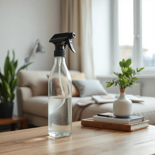 Spray de vidrio con niebla fina en una mesa de madera en un salón luminoso