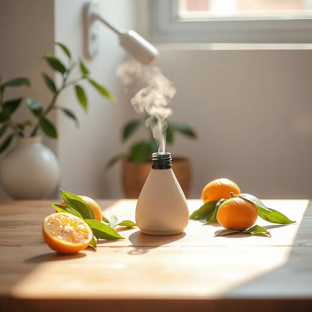 Difusor con niebla y naranjas de mandarina frescas sobre una mesa junto a la ventana