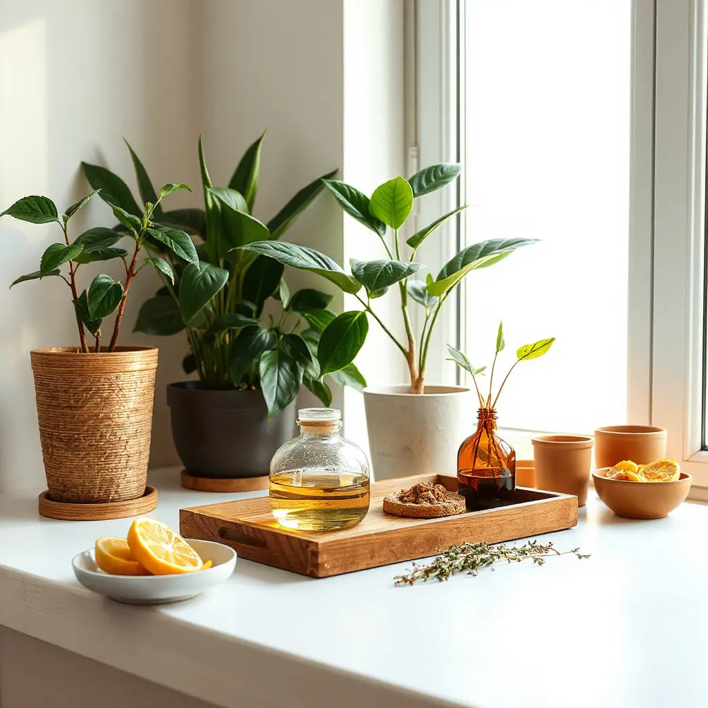 Plantas de interior junto a una ventana, con un difusor de aroma natural y elementos botánicos discretos
