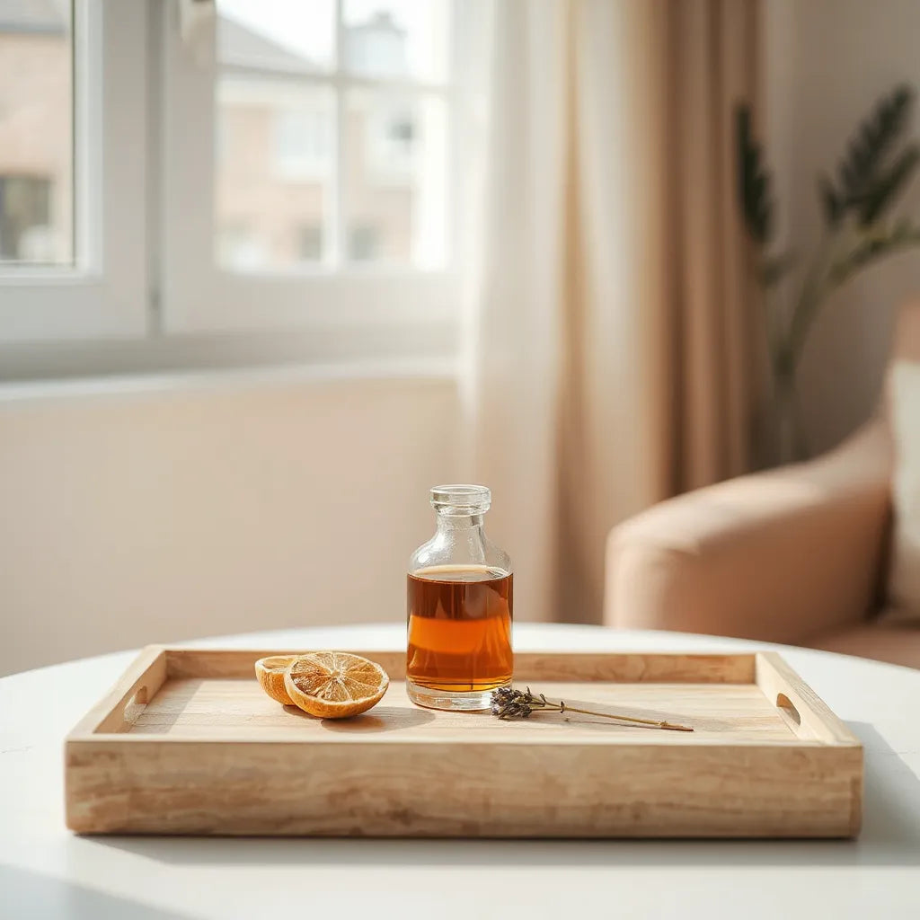 Difusor de vidrio con fragancias naturales y hierbas aromáticas sobre una bandeja de madera con luz natural