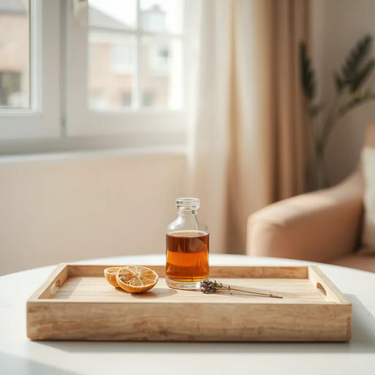 Difusor de vidrio con fragancias naturales y hierbas aromáticas sobre una bandeja de madera con luz natural