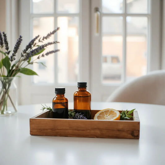 Botánicos frescos y frascos de difusor de vidrio con luz natural en un ambiente minimalista