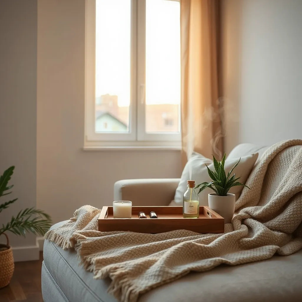 Rincón del salón con luz cálida, difusor de aceites y velas para un ambiente sereno