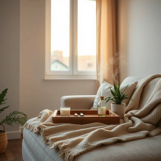 Rincón del salón con luz cálida, difusor de aceites y velas para un ambiente sereno