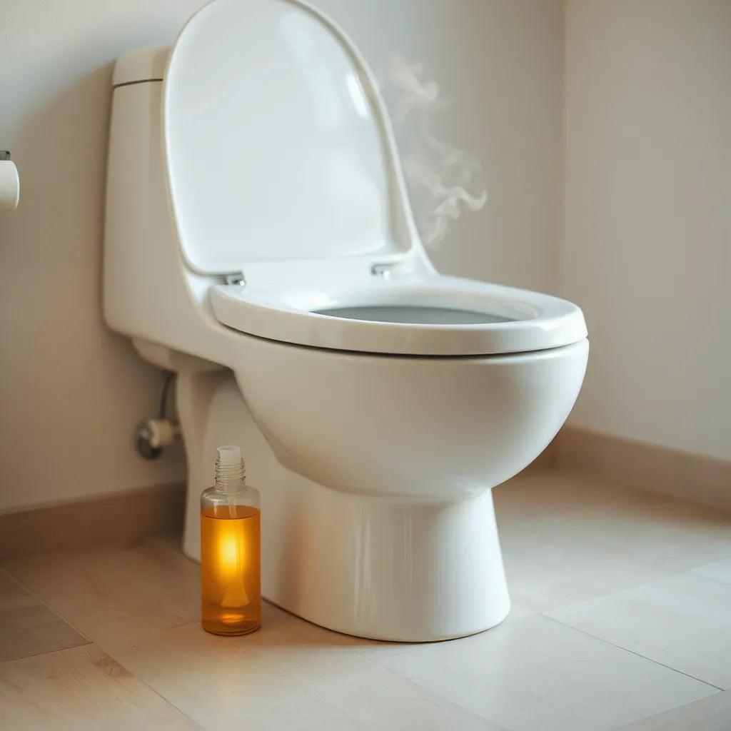 Toilet bowl with a discreet deodorizing product near the base in a clean, softly lit bathroom