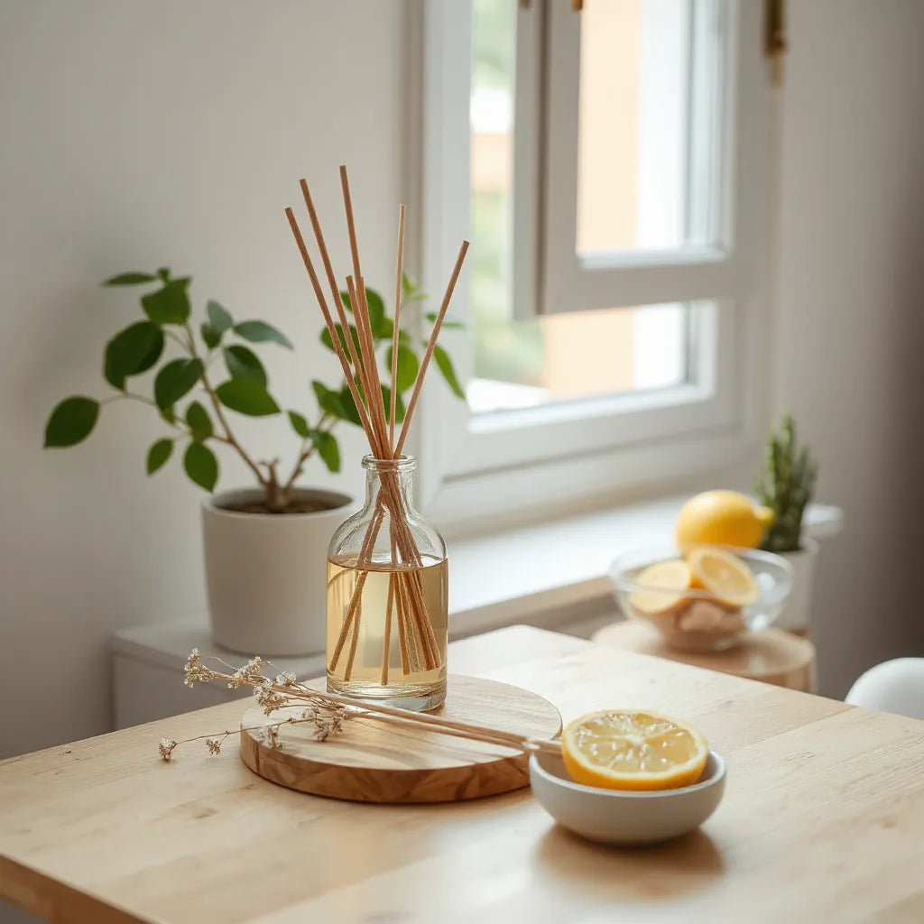 Difusor de vidrio con varillas de madera y cítricos en una mesa cerca de una ventana abierta