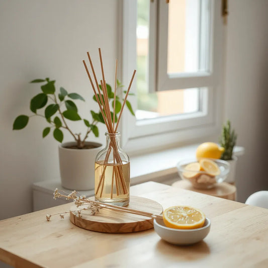 Difusor de vidrio con varillas de madera y cítricos en una mesa cerca de una ventana abierta