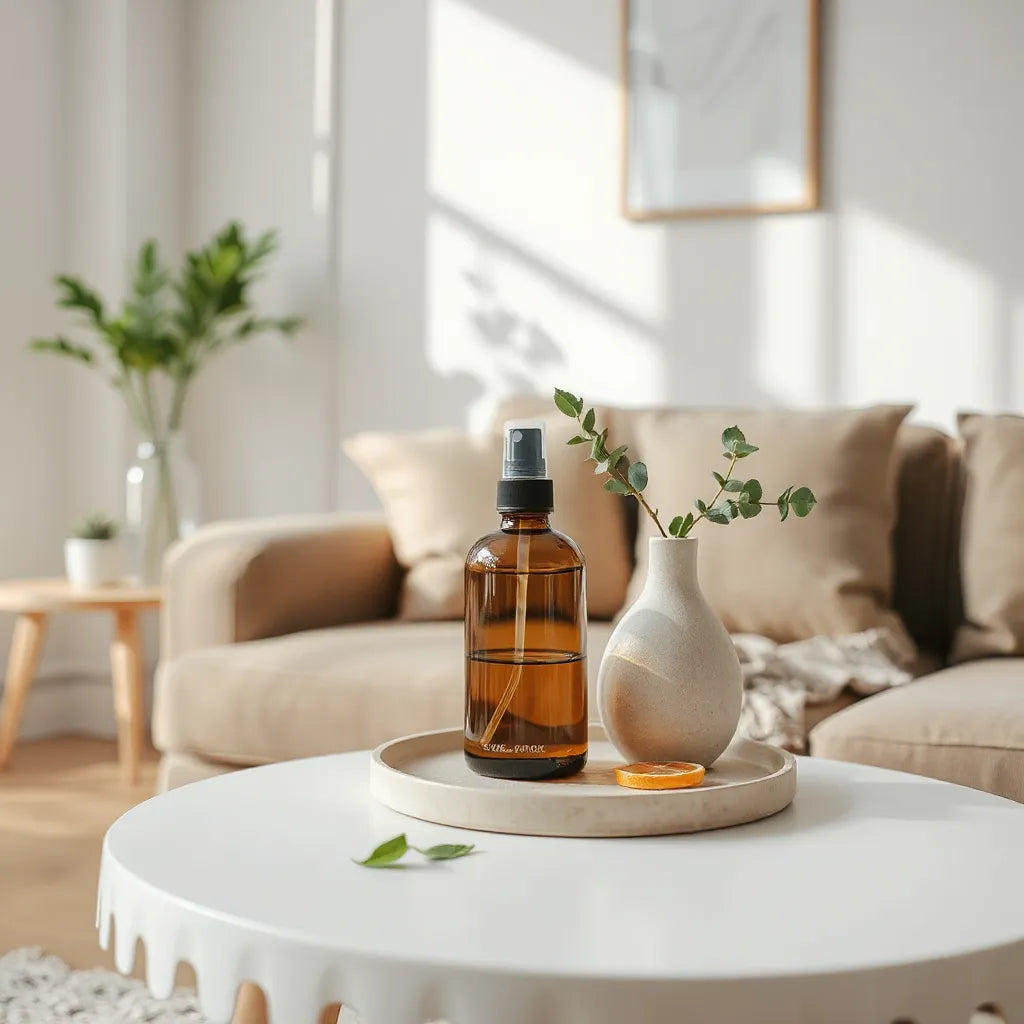 Difusor moderno y fragancias naturales sobre una mesa en una sala luminosa