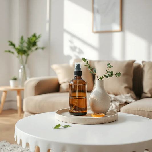 Difusor moderno y fragancias naturales sobre una mesa en una sala luminosa