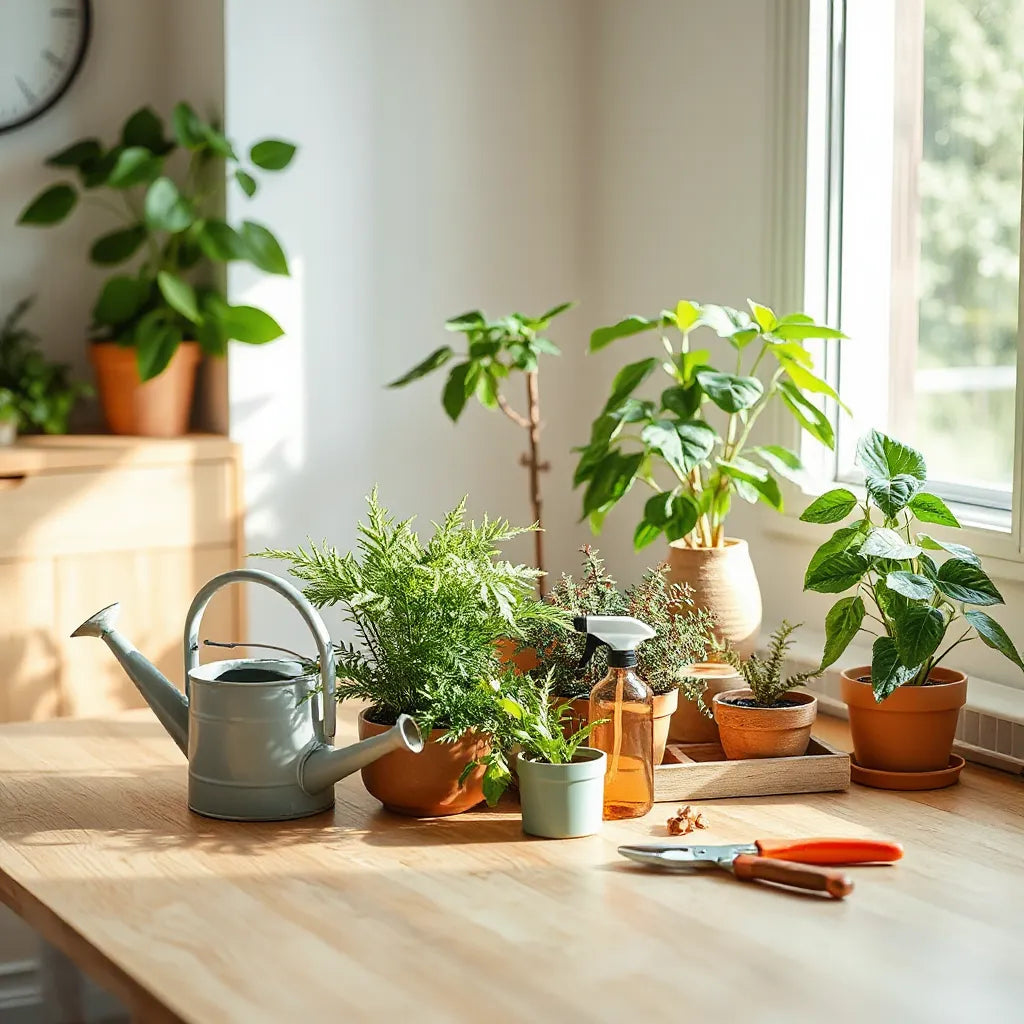 Plantas en maceta saludables con regadera y producto de cuidado vegetal junto a una ventana