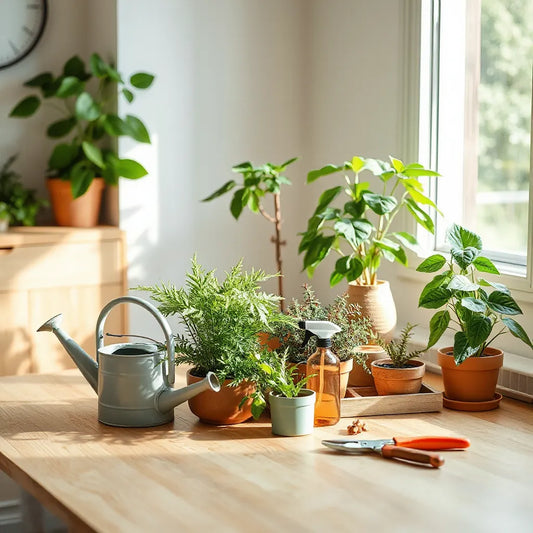 Plantas en maceta saludables con regadera y producto de cuidado vegetal junto a una ventana