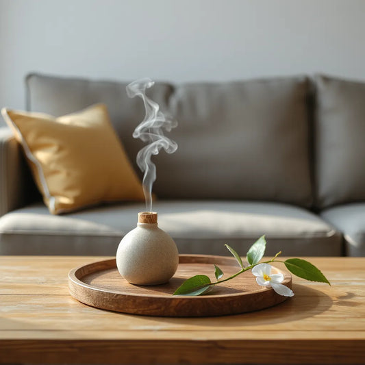 Difusor de aroma y botella de fragancia sobre mesa de madera con hojas botánicas