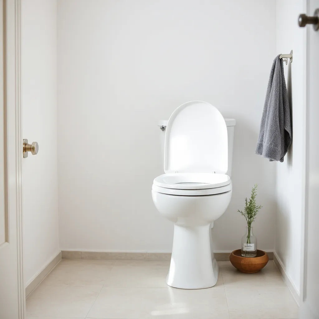 Inodoro limpio en un baño moderno con un aromatizante discreto cerca para neutralizar olores