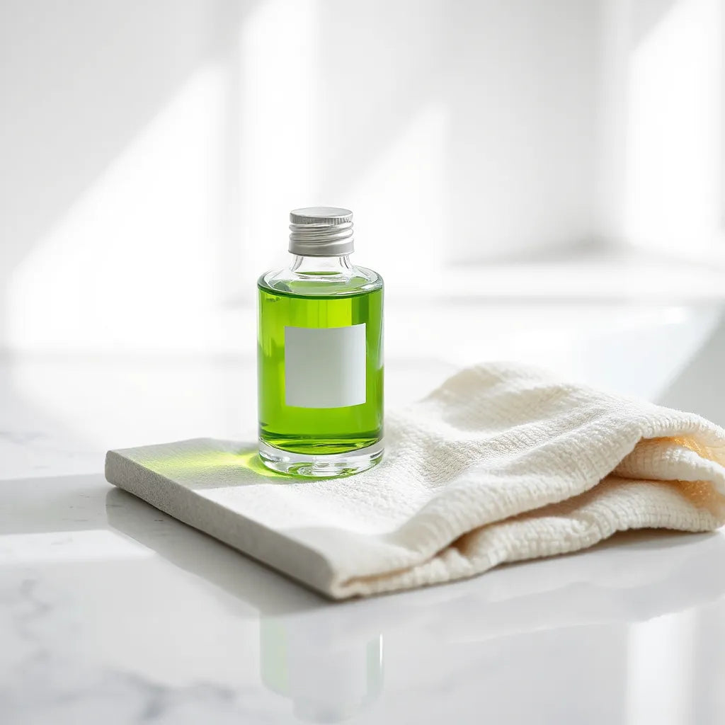 Botella con elixir verde y paño de microfibra sobre una encimera, con superficie visiblemente brillante