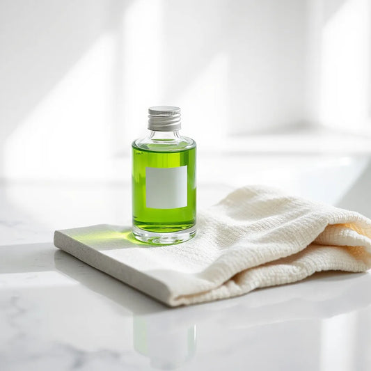 Botella con elixir verde y paño de microfibra sobre una encimera, con superficie visiblemente brillante