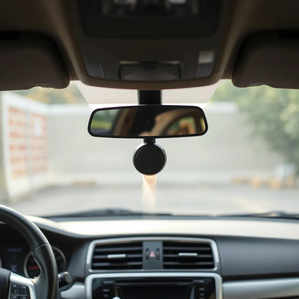 Auto aromatizante discreto en la consola delantera de un coche, con luz natural y un interior limpio