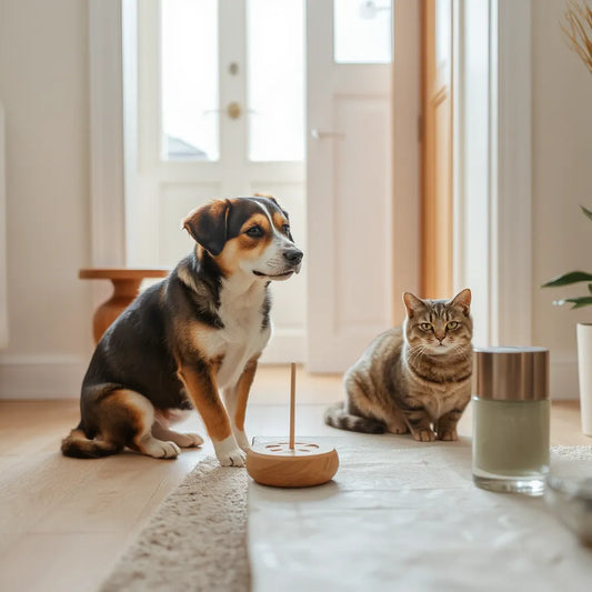 Perro y gato tranquilos en una sala con un difusor y fragancia suave sobre una mesita