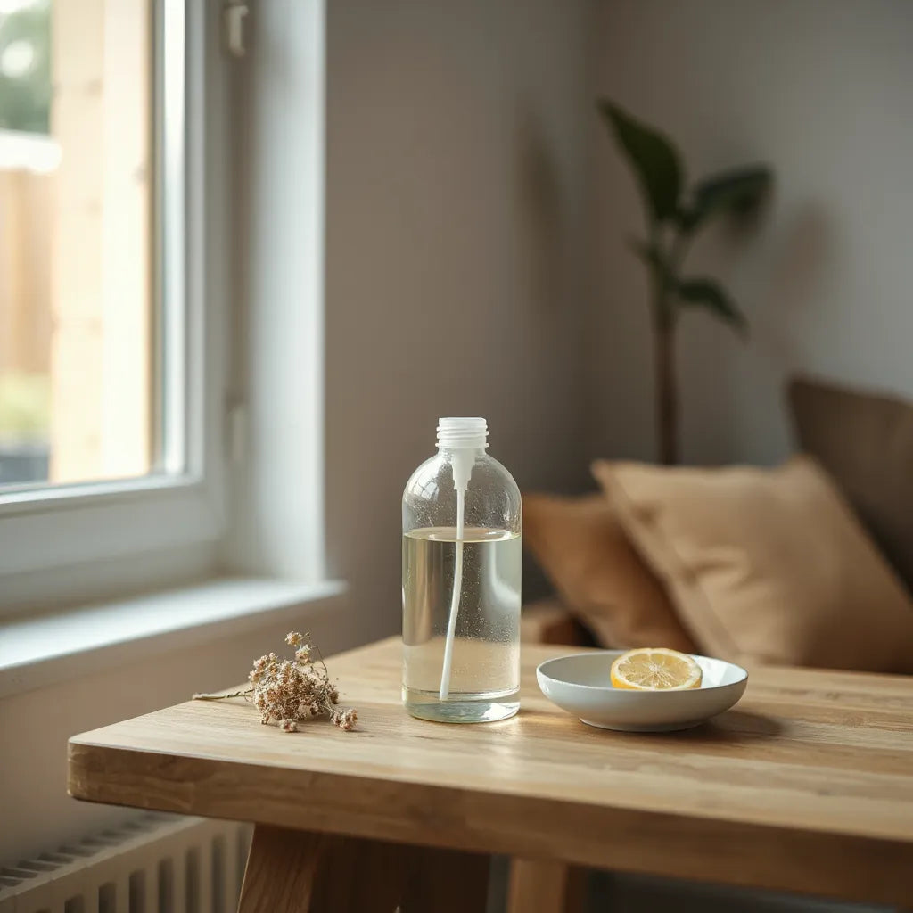 Ambientador moderno en frasco de vidrio sobre mesa de madera junto a luz natural y flores secas