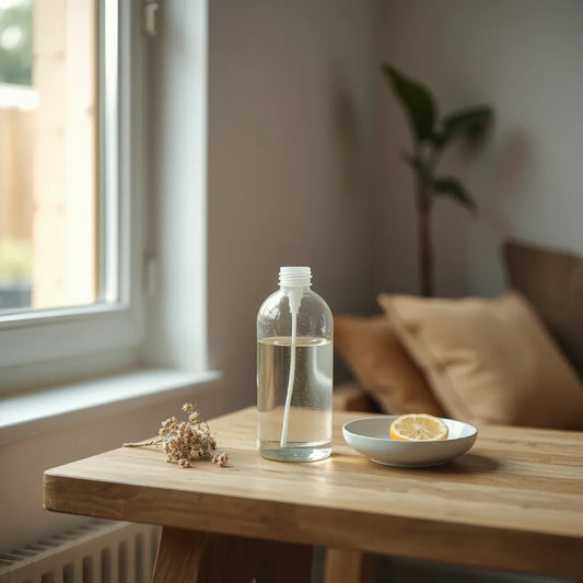 Ambientador moderno en frasco de vidrio sobre mesa de madera junto a luz natural y flores secas