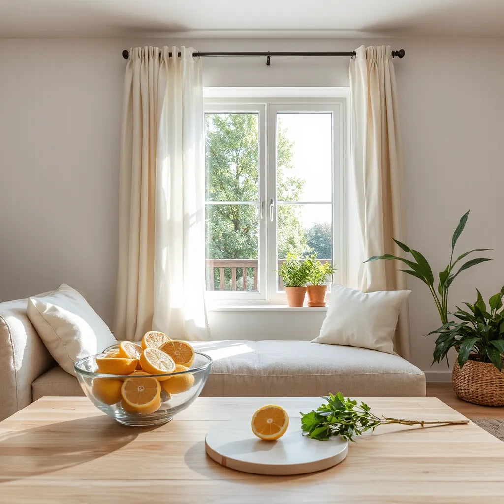 Sala luminosa con ventana abierta, plantas y cítricos para un aire más fresco en casa