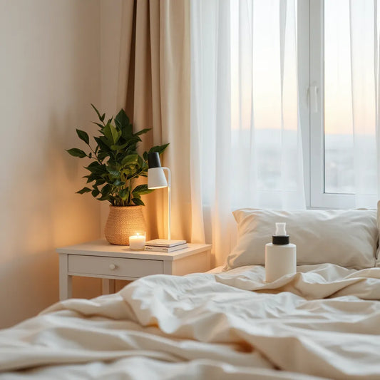 Difusor de aroma junto a la cama con luz cálida y ropa de cama neutra para un ambiente relajante