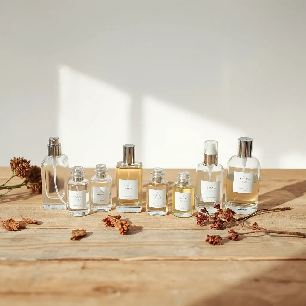 Elegantes frascos de perfume y atomizadores con elementos aromáticos sobre madera, con luz natural suave