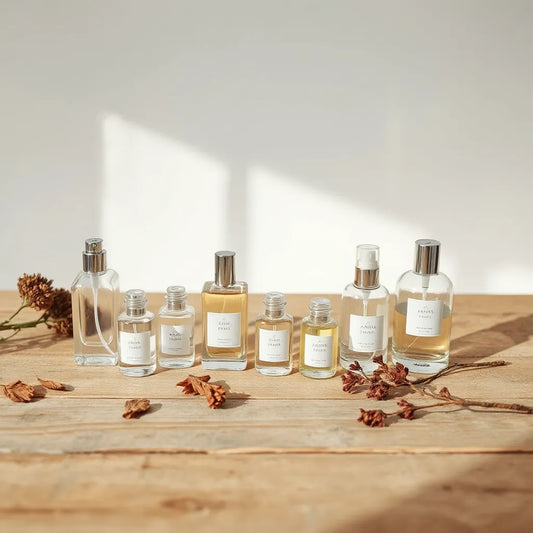 Elegantes frascos de perfume y atomizadores con elementos aromáticos sobre madera, con luz natural suave