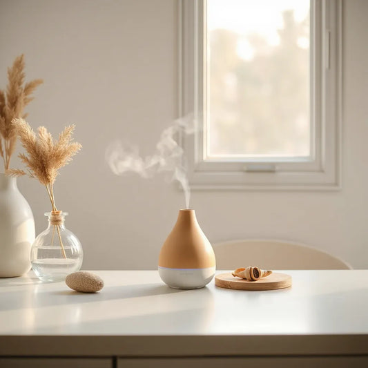 Difusor moderno de aromatización en interior luminoso con neblina sutil y decoración minimalista