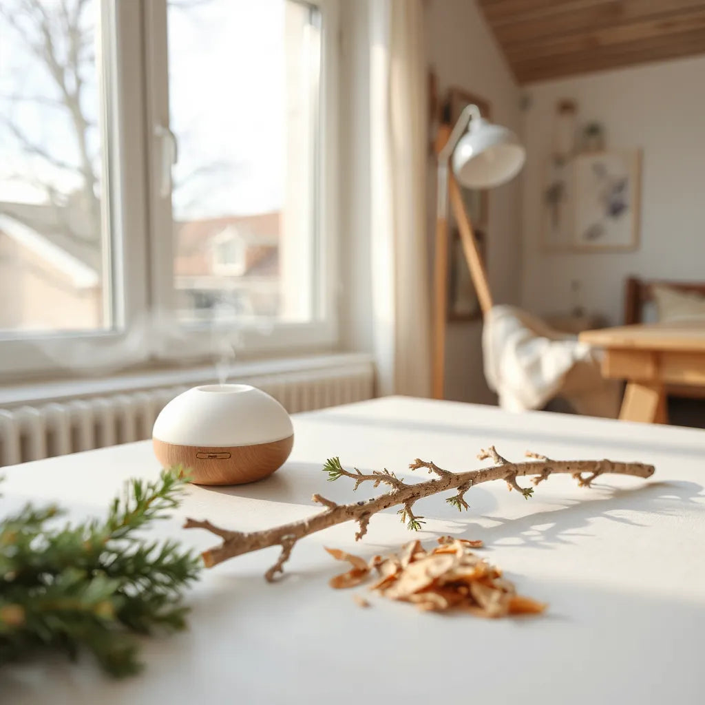 Difusor con ramas de cedro y luz cálida en una sala minimalista