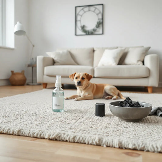 Perro en el salón y spray eliminador de olores junto a una manta limpia