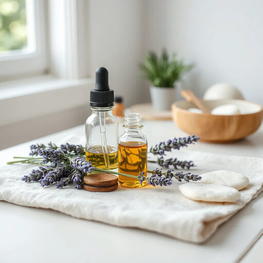 Botella de vidrio con aceite esencial de lavanda junto a flores frescas y un paño de lino claro