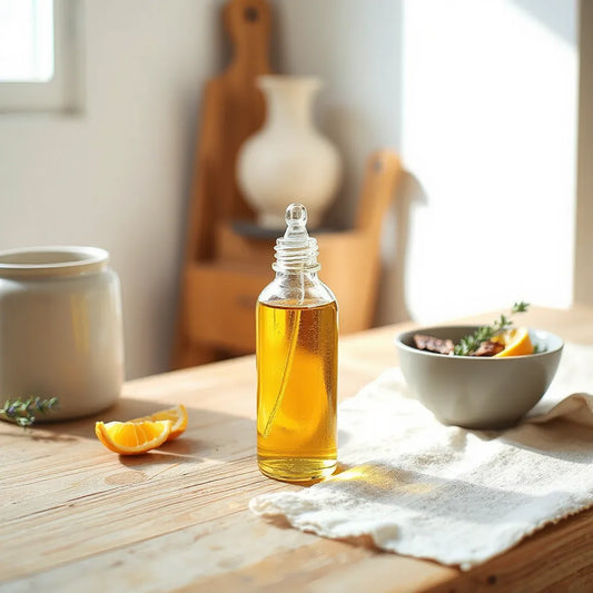 Botella de spray de aromatizante casero con aceites esenciales y cáscaras cítricas sobre madera