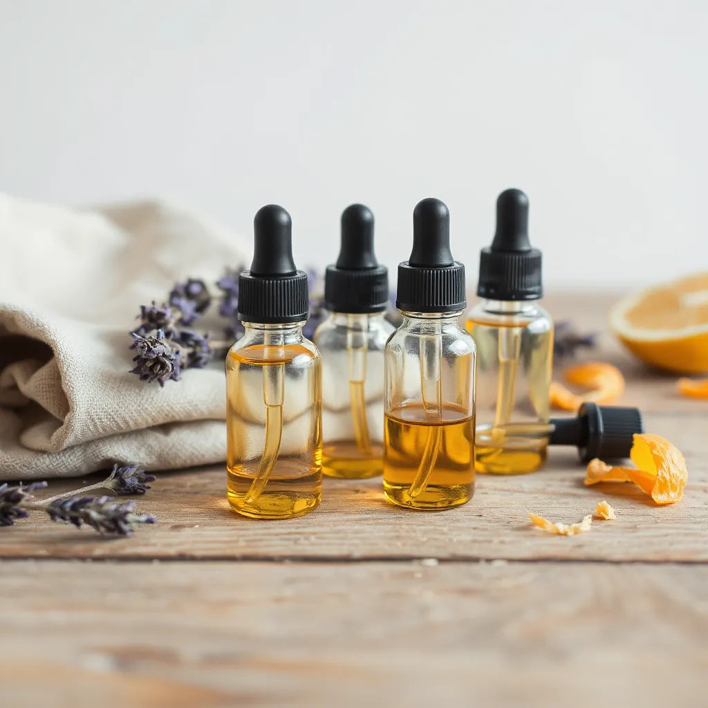 Botellas de aceites esenciales de vidrio con gotero y plantas naturales sobre una mesa de madera
