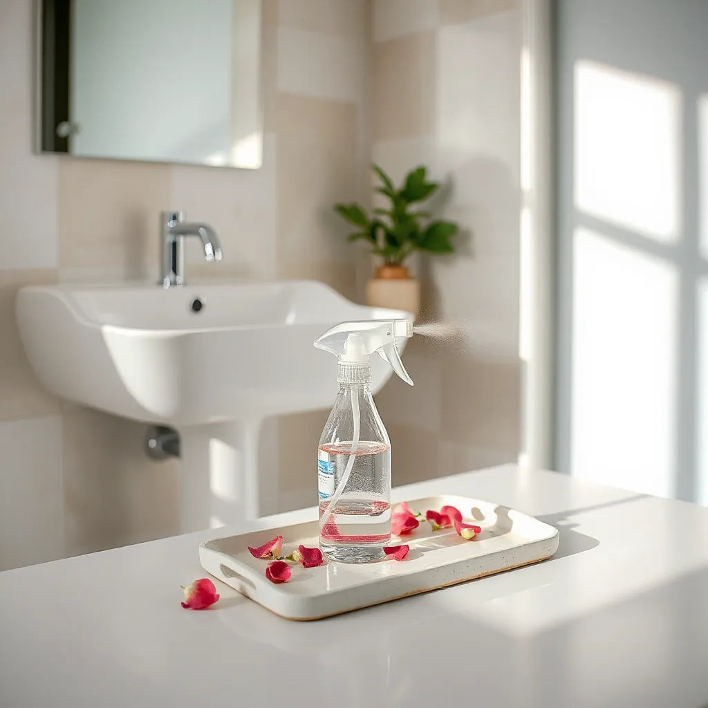 Spray de baño floral con niebla fina y pétalos junto a un lavabo moderno