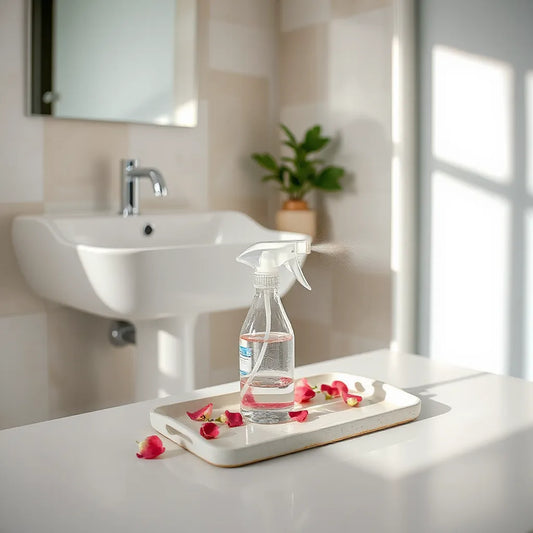 Spray de baño floral con niebla fina y pétalos junto a un lavabo moderno