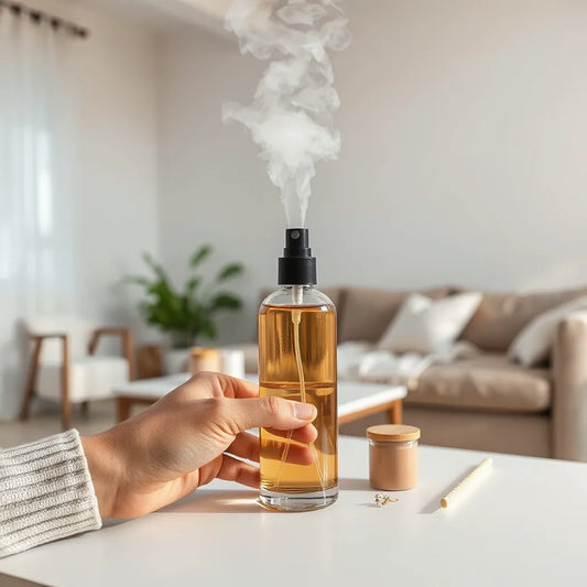 Frasco de spray de fragancia con niebla fina en una sala iluminada con luz natural