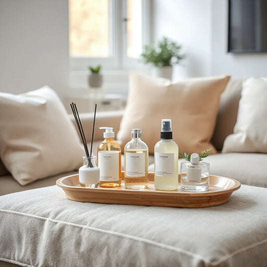 Colección de productos para el hogar sobre una bandeja en una sala minimalista con luz natural y una planta