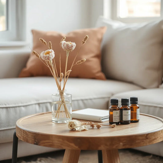 Difusor de vidrio y aceites aromáticos en una mesa de madera junto a una sala luminosa