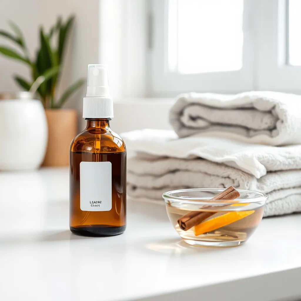 Botella de spray casero con aceites esenciales, agua aromatizada y cítricos sobre una encimera luminosa