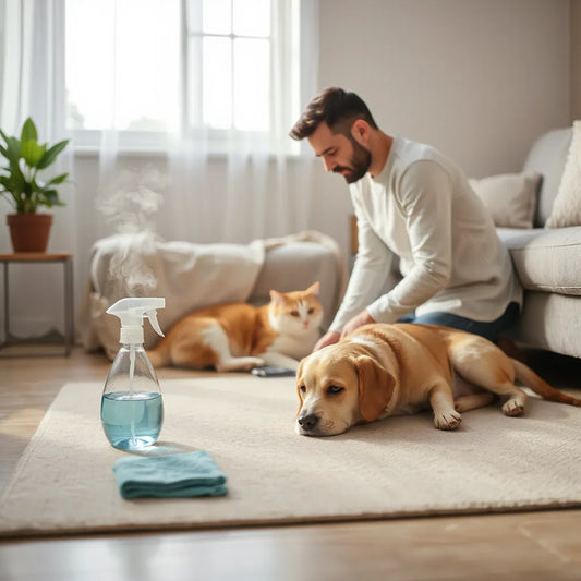 Persona limpiando cerca de un sofá con spray y paño mientras una mascota descansa