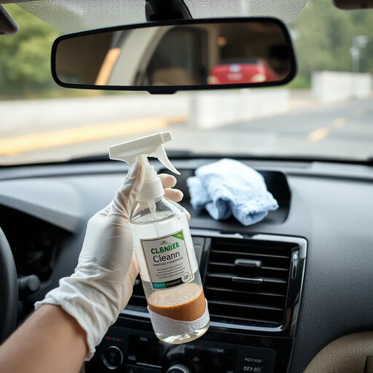 Persona limpiando el interior del auto cerca de las rejillas con un paño y spray de limpieza