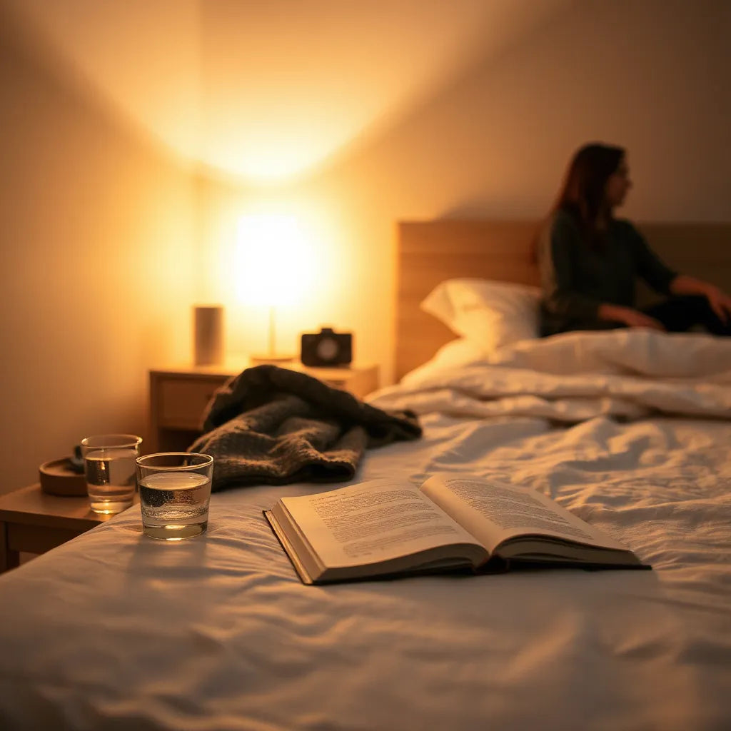 Persona preparando su ritual nocturno en un dormitorio con luz cálida y ropa de cama ordenada