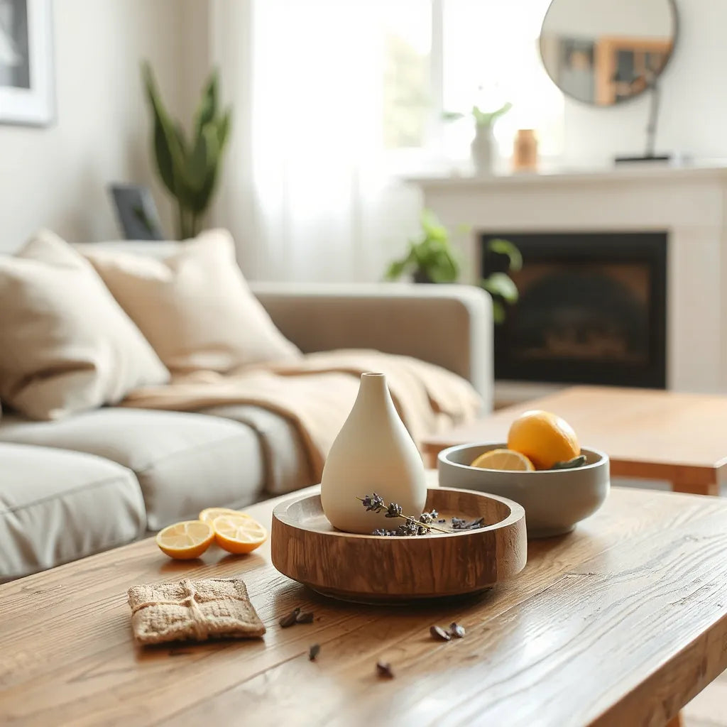Difusor y elementos aromáticos sobre una mesa en una sala luminosa