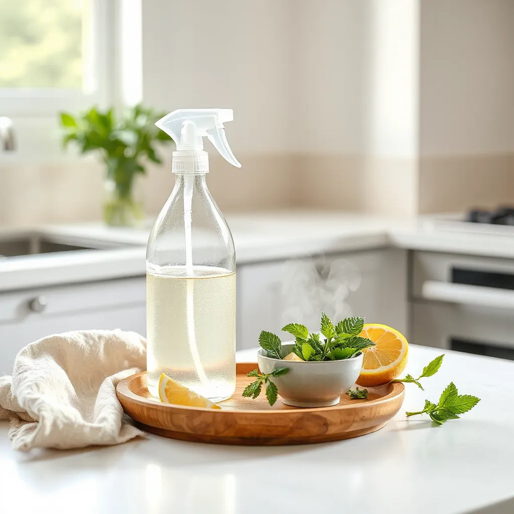 Frasco de spray con niebla sutil sobre un fondo limpio con cítricos y hojas verdes