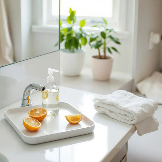 Spray de baño con cítricos y toalla blanca junto a un lavabo moderno y luz natural