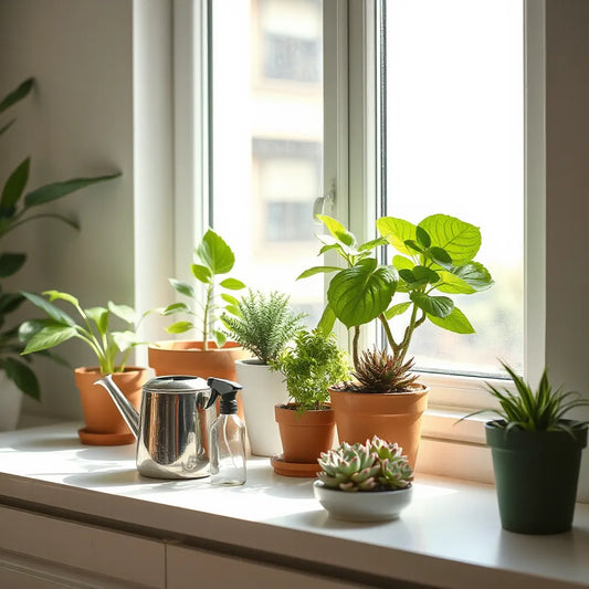 Plantas en macetas con luz natural, regadera y pulverizador sobre una mesa
