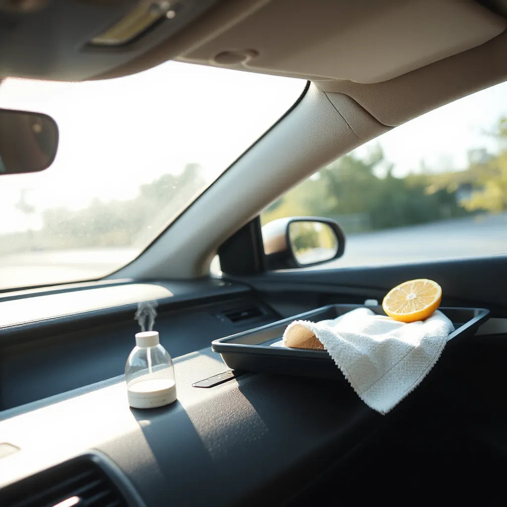 Difusor y superficies limpias en el interior de un auto con luz natural y sensación de frescura